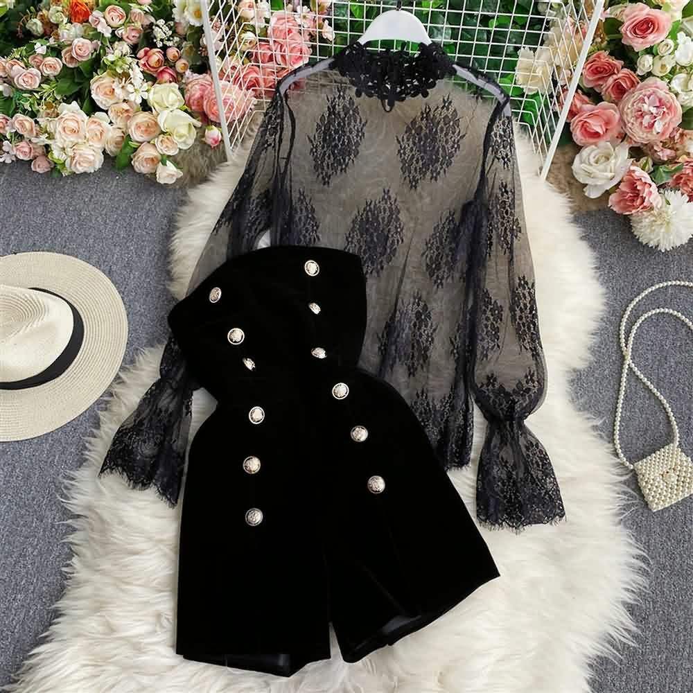 Y2K Gothic Black Lace Mesh Top & Velvet Romper Set - Retro 90s Grunge Summer Outfit
