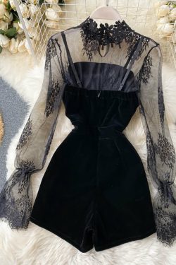 Y2K Gothic Black Lace Mesh Top & Velvet Romper Set - Retro 90s Grunge Summer Outfit