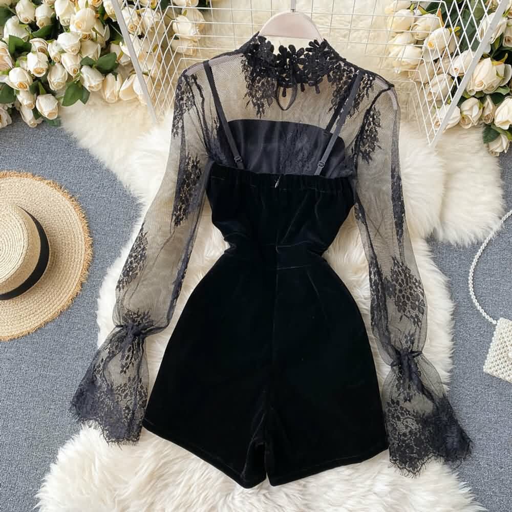 Y2K Gothic Black Lace Mesh Top & Velvet Romper Set - Retro 90s Grunge Summer Outfit