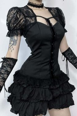 Y2K Gothic Black Lace Puff Sleeve Blouse - Retro 90s Grunge, Summer Party, and Club Outfit