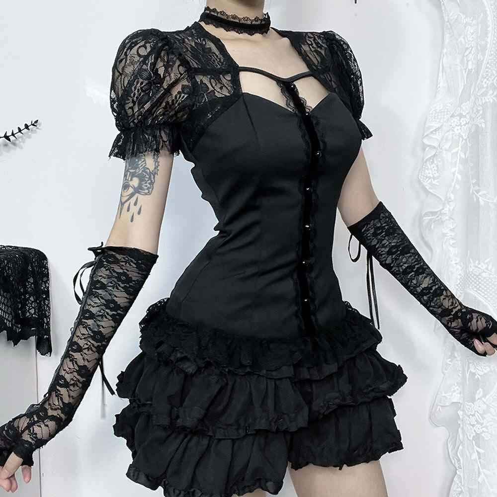 Y2K Gothic Black Lace Puff Sleeve Blouse - Retro 90s Grunge, Summer Party, and Club Outfit