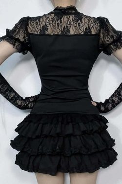 Y2K Gothic Black Lace Puff Sleeve Blouse - Retro 90s Grunge, Summer Party, and Club Outfit