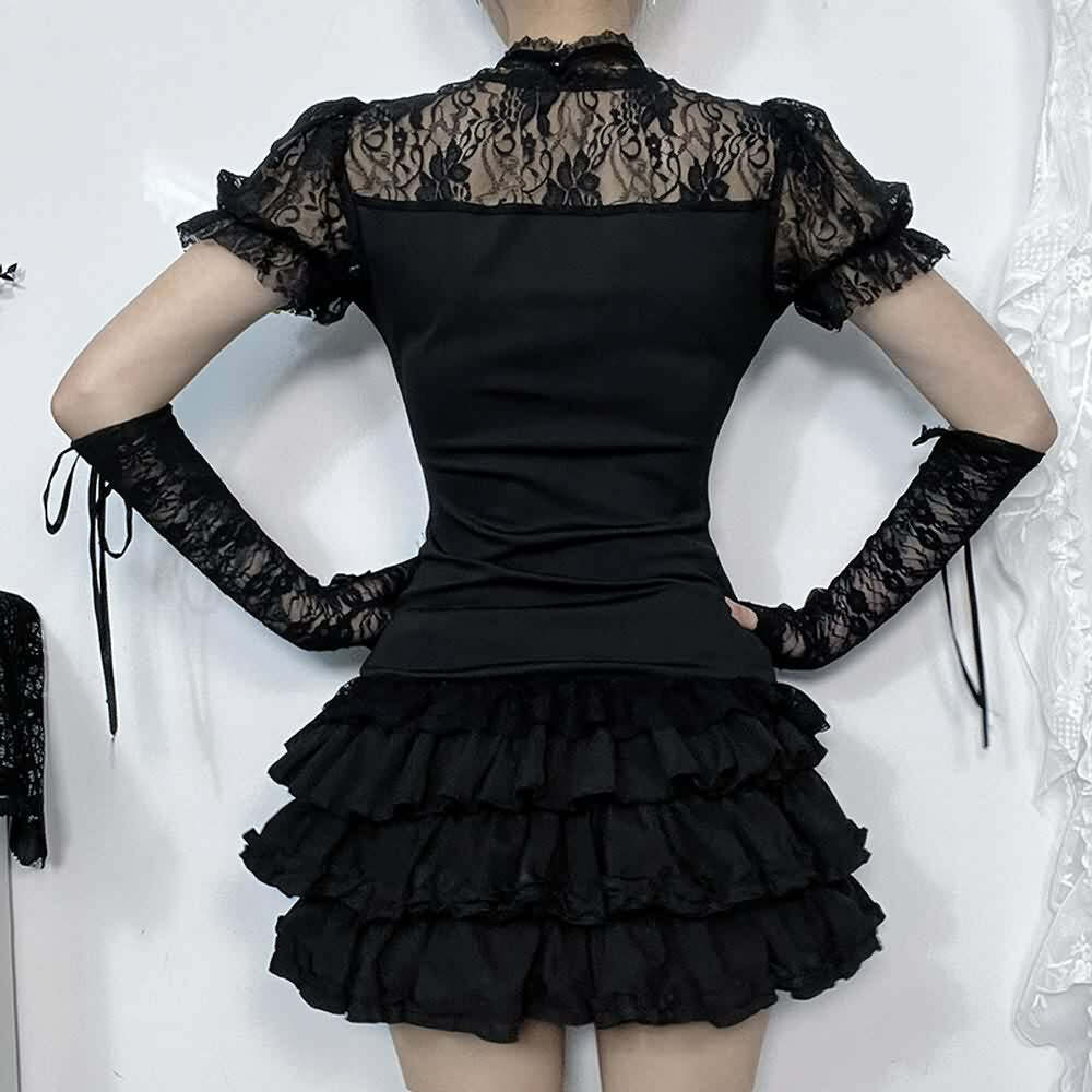 Y2K Gothic Black Lace Puff Sleeve Blouse - Retro 90s Grunge, Summer Party, and Club Outfit