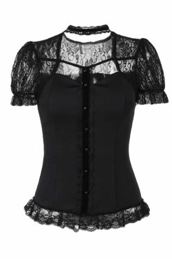 Y2K Gothic Black Lace Puff Sleeve Blouse - Retro 90s Grunge, Summer Party, and Club Outfit
