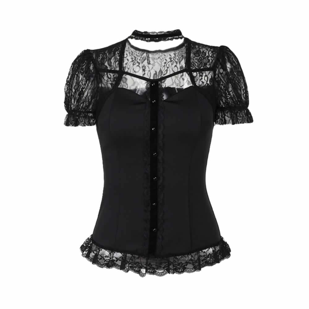 Y2K Gothic Black Lace Puff Sleeve Blouse - Retro 90s Grunge, Summer Party, and Club Outfit