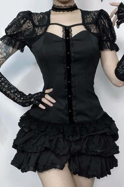 Y2K Gothic Black Lace Puff Sleeve Blouse - Retro 90s Grunge, Summer Party, and Club Outfit