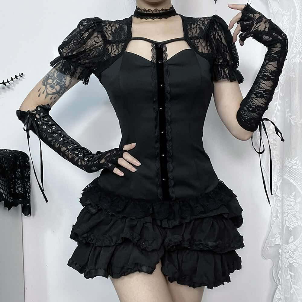 Y2K Gothic Black Lace Puff Sleeve Blouse - Retro 90s Grunge, Summer Party, and Club Outfit