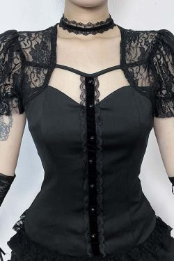 Y2K Gothic Black Lace Puff Sleeve Blouse - Retro 90s Grunge, Summer Party, and Club Outfit