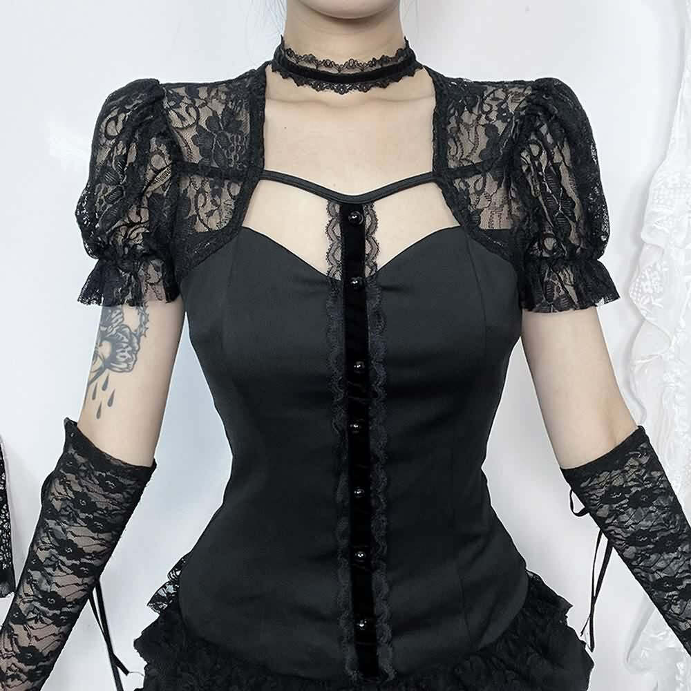 Y2K Gothic Black Lace Puff Sleeve Blouse - Retro 90s Grunge, Summer Party, and Club Outfit