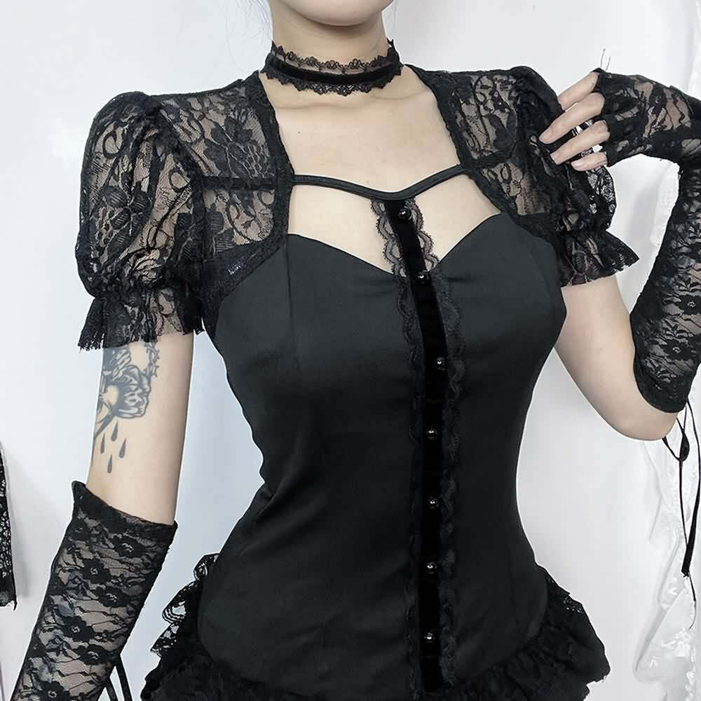 Y2K Gothic Black Lace Puff Sleeve Blouse - Retro 90s Grunge, Summer Party, and Club Outfit