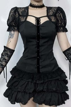 Y2K Gothic Black Lace Puff Sleeve Blouse - Retro 90s Grunge, Summer Party, and Club Outfit