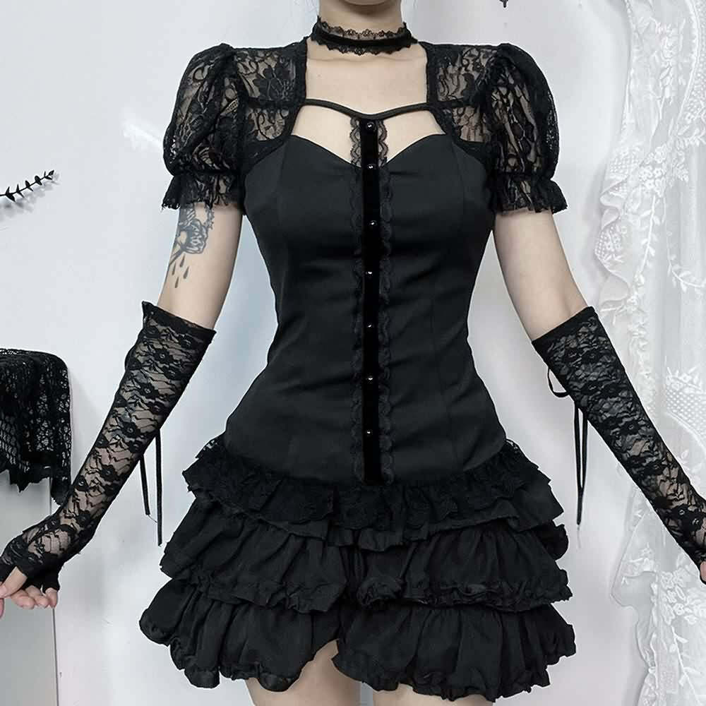 Y2K Gothic Black Lace Puff Sleeve Blouse - Retro 90s Grunge, Summer Party, and Club Outfit