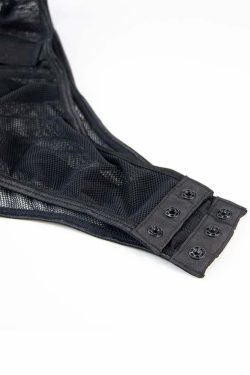 Y2K Gothic Black Mesh Cut Out Harness Bodysuit - Retro 90s Grunge Party Outfit