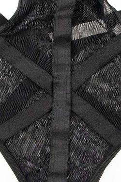 Y2K Gothic Black Mesh Cut Out Harness Bodysuit - Retro 90s Grunge Party Outfit