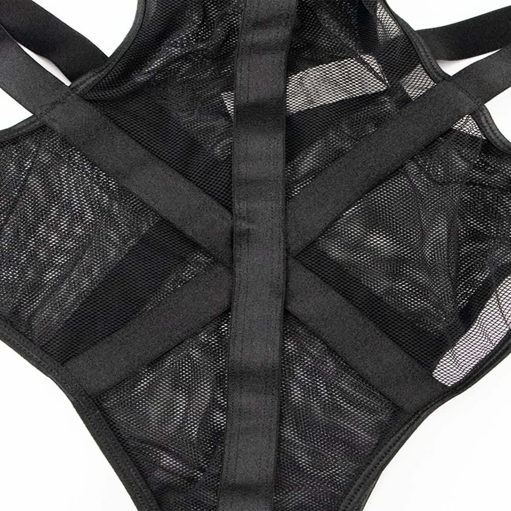 Y2K Gothic Black Mesh Cut Out Harness Bodysuit - Retro 90s Grunge Party Outfit