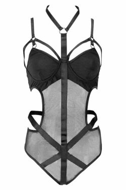 Y2K Gothic Black Mesh Cut Out Harness Bodysuit - Retro 90s Grunge Party Outfit