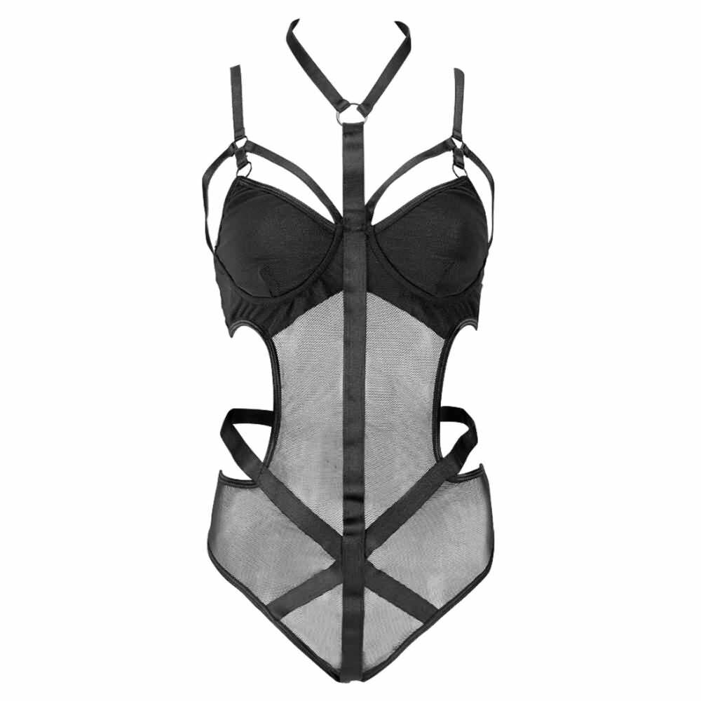 Y2K Gothic Black Mesh Cut Out Harness Bodysuit - Retro 90s Grunge Party Outfit