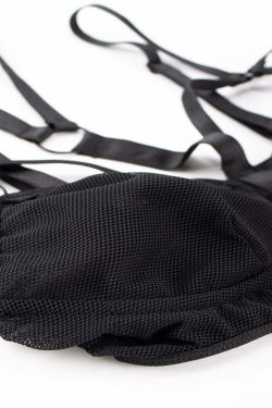 Y2K Gothic Black Mesh Cut Out Harness Bodysuit - Retro 90s Grunge Party Outfit