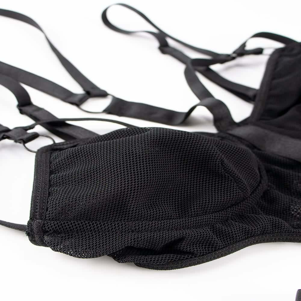 Y2K Gothic Black Mesh Cut Out Harness Bodysuit - Retro 90s Grunge Party Outfit