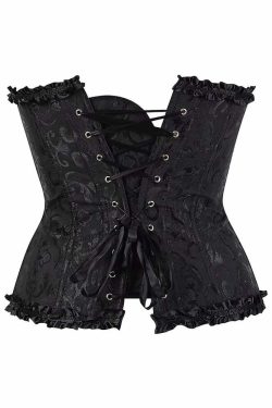 Y2K Gothic Black Ruffle Trim Overbust Corset - Retro 90s Grunge Party Outfit