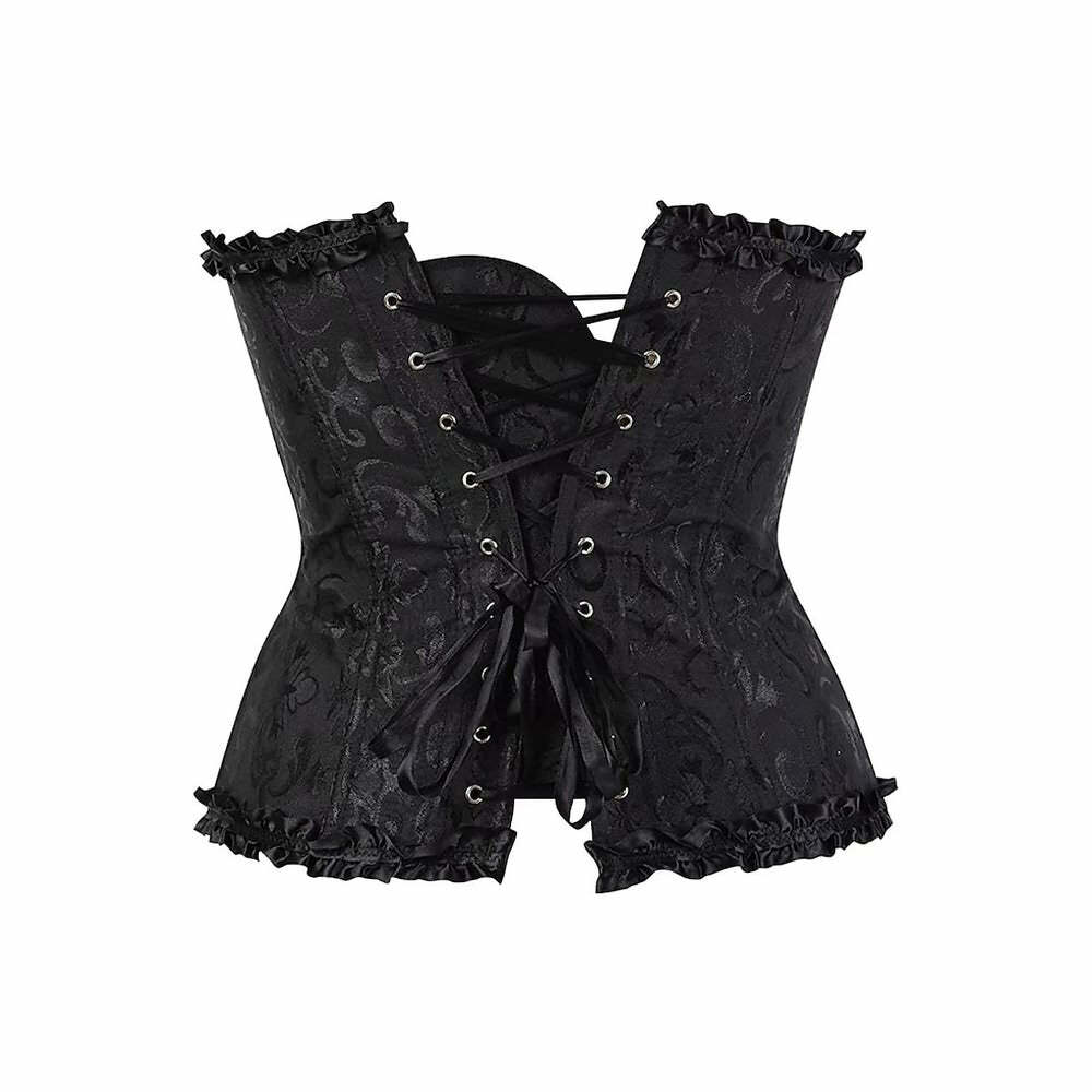Y2K Gothic Black Ruffle Trim Overbust Corset - Retro 90s Grunge Party Outfit