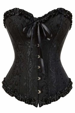 Y2K Gothic Black Ruffle Trim Overbust Corset - Retro 90s Grunge Party Outfit