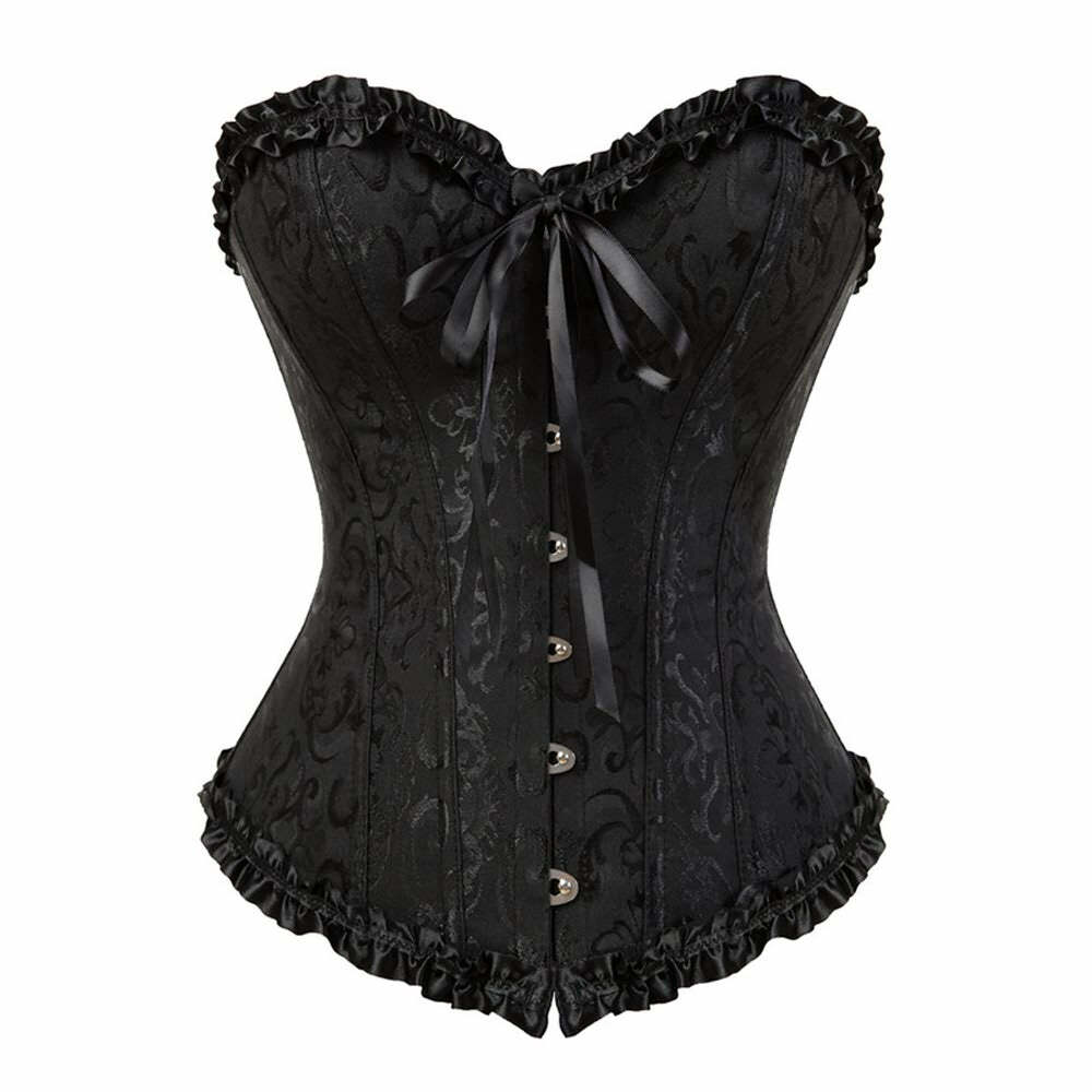 Y2K Gothic Black Ruffle Trim Overbust Corset - Retro 90s Grunge Party Outfit
