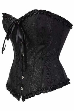 Y2K Gothic Black Ruffle Trim Overbust Corset - Retro 90s Grunge Party Outfit