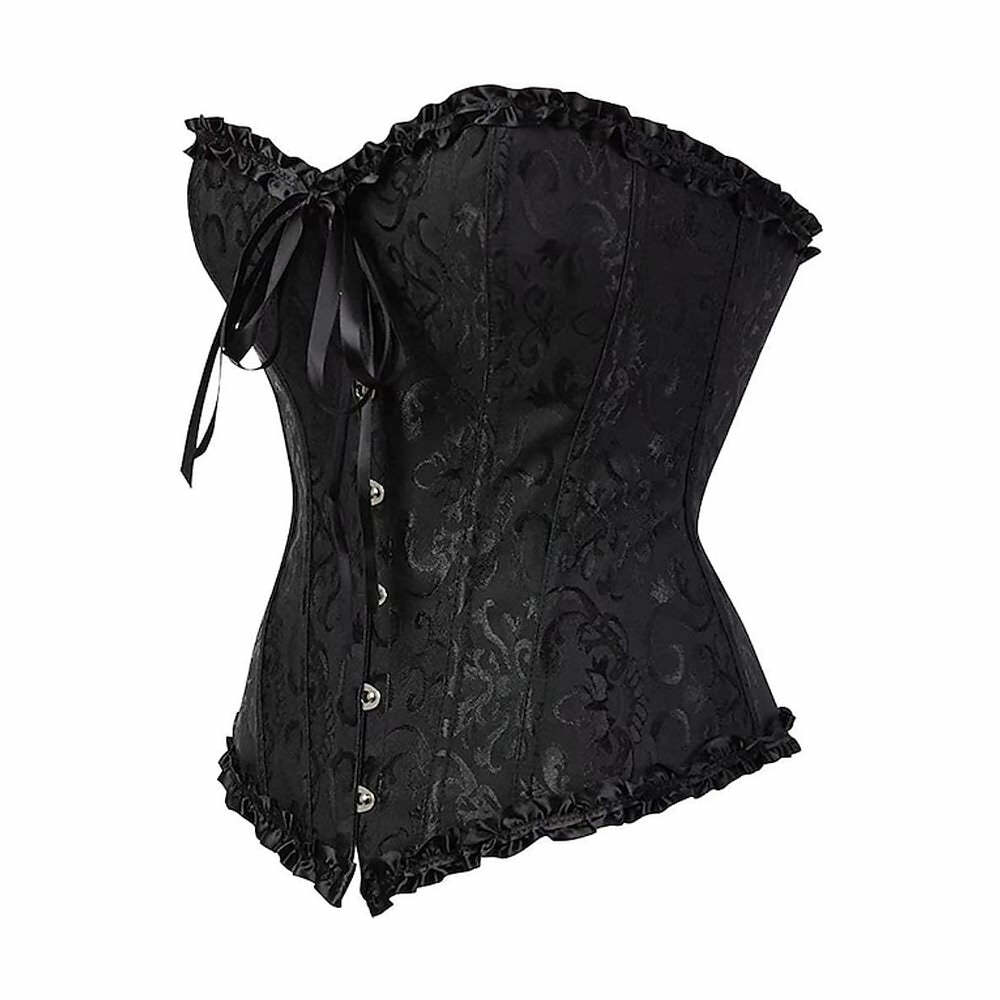 Y2K Gothic Black Ruffle Trim Overbust Corset - Retro 90s Grunge Party Outfit