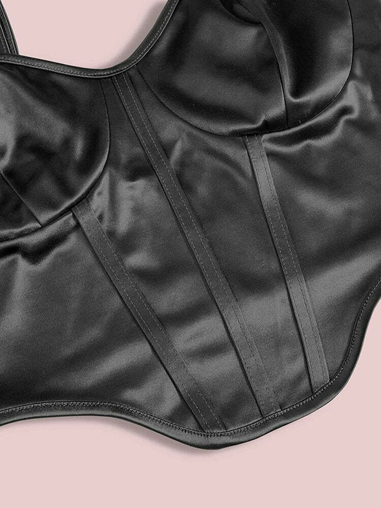 Y2K Gothic Black Satin Bustier Top - Perfect for 90s Grunge, Retro, and Summer Y2K Outfits
