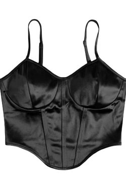 Y2K Gothic Black Satin Bustier Top - Perfect for 90s Grunge, Retro, and Summer Y2K Outfits