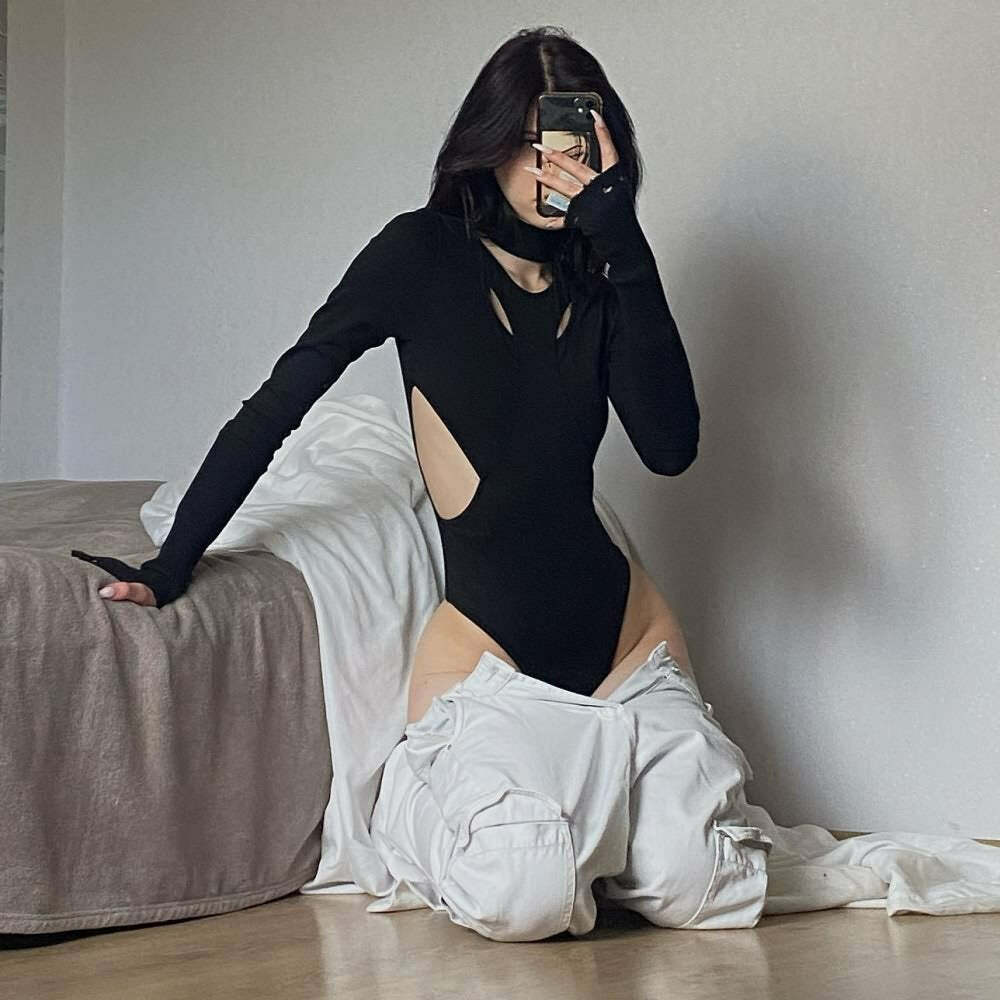 Y2K Gothic Black Side Cut Out Long Sleeve Bodysuit - Retro 90s Grunge Fashion Outfit