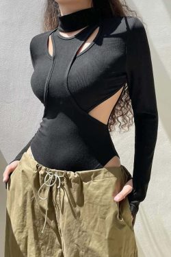 Y2K Gothic Black Side Cut Out Long Sleeve Bodysuit - Retro 90s Grunge Fashion Outfit