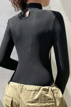 Y2K Gothic Black Side Cut Out Long Sleeve Bodysuit - Retro 90s Grunge Fashion Outfit