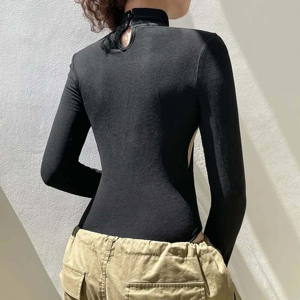 Y2K Gothic Black Side Cut Out Long Sleeve Bodysuit - Retro 90s Grunge Fashion Outfit