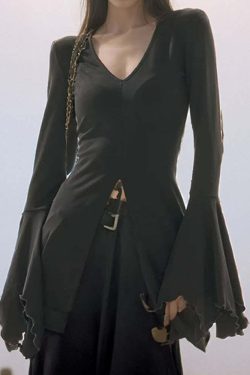 Y2K Gothic Black Split Front Bell Sleeve Top - Perfect for 90s Grunge and Retro Summer Outfits