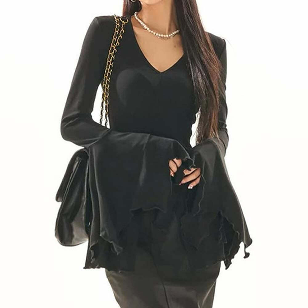 Y2K Gothic Black Split Front Bell Sleeve Top - Perfect for 90s Grunge and Retro Summer Outfits