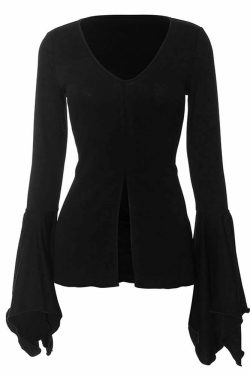 Y2K Gothic Black Split Front Bell Sleeve Top - Perfect for 90s Grunge and Retro Summer Outfits