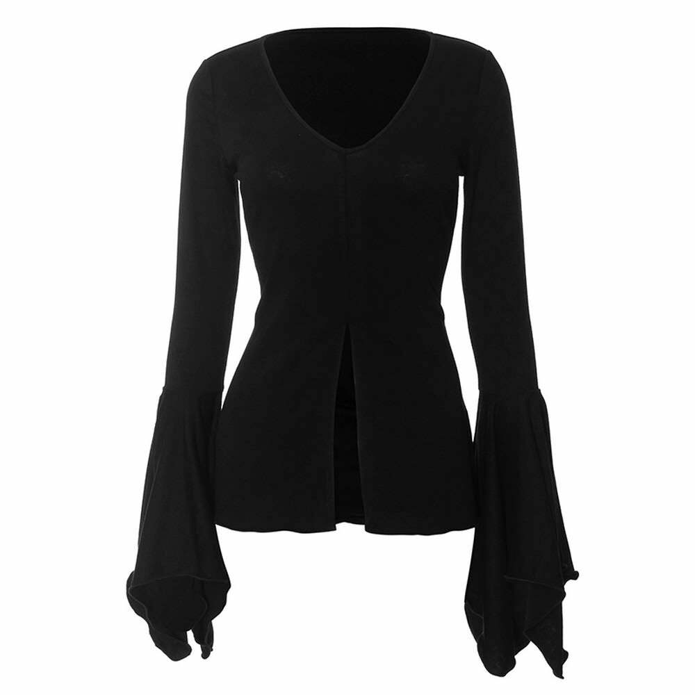Y2K Gothic Black Split Front Bell Sleeve Top - Perfect for 90s Grunge and Retro Summer Outfits