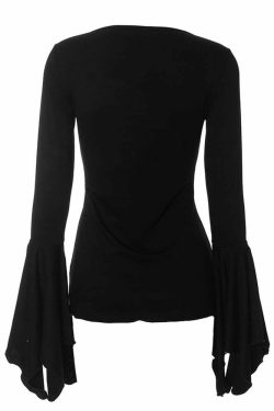 Y2K Gothic Black Split Front Bell Sleeve Top - Perfect for 90s Grunge and Retro Summer Outfits