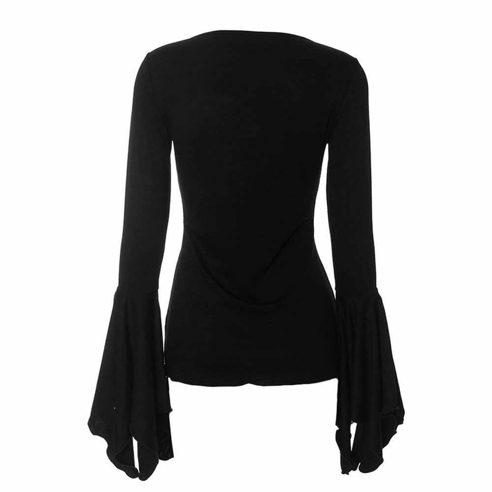 Y2K Gothic Black Split Front Bell Sleeve Top - Perfect for 90s Grunge and Retro Summer Outfits