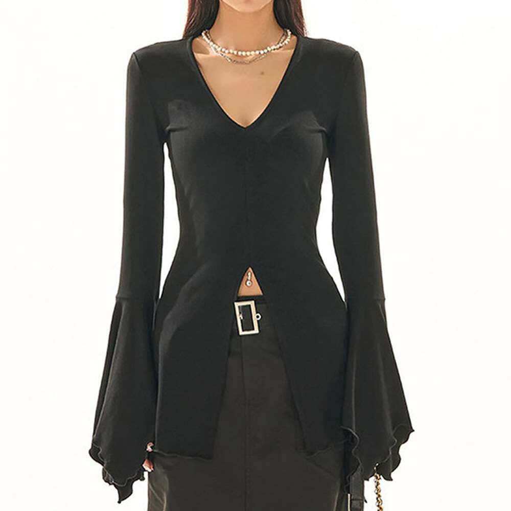 Y2K Gothic Black Split Front Bell Sleeve Top - Perfect for 90s Grunge and Retro Summer Outfits