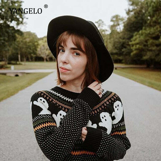 Y2K Gothic Black Sweater Cardigan - Retro 90s Grunge Holiday Outfit