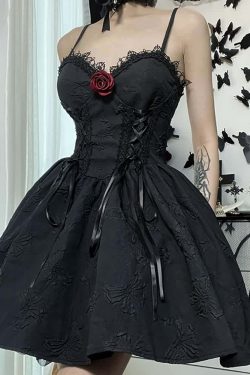 Y2K Gothic Butterfly Lace-Up Dress - Retro 90s Grunge Summer Outfit for Women