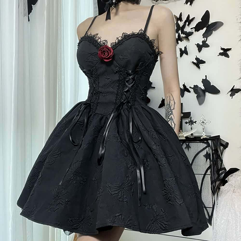 Y2K Gothic Butterfly Lace-Up Dress - Retro 90s Grunge Summer Outfit for Women