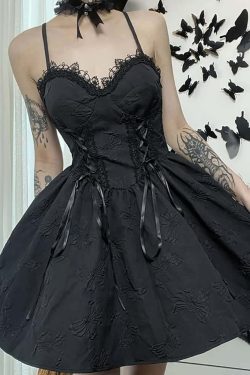 Y2K Gothic Butterfly Lace-Up Dress - Retro 90s Grunge Summer Outfit for Women