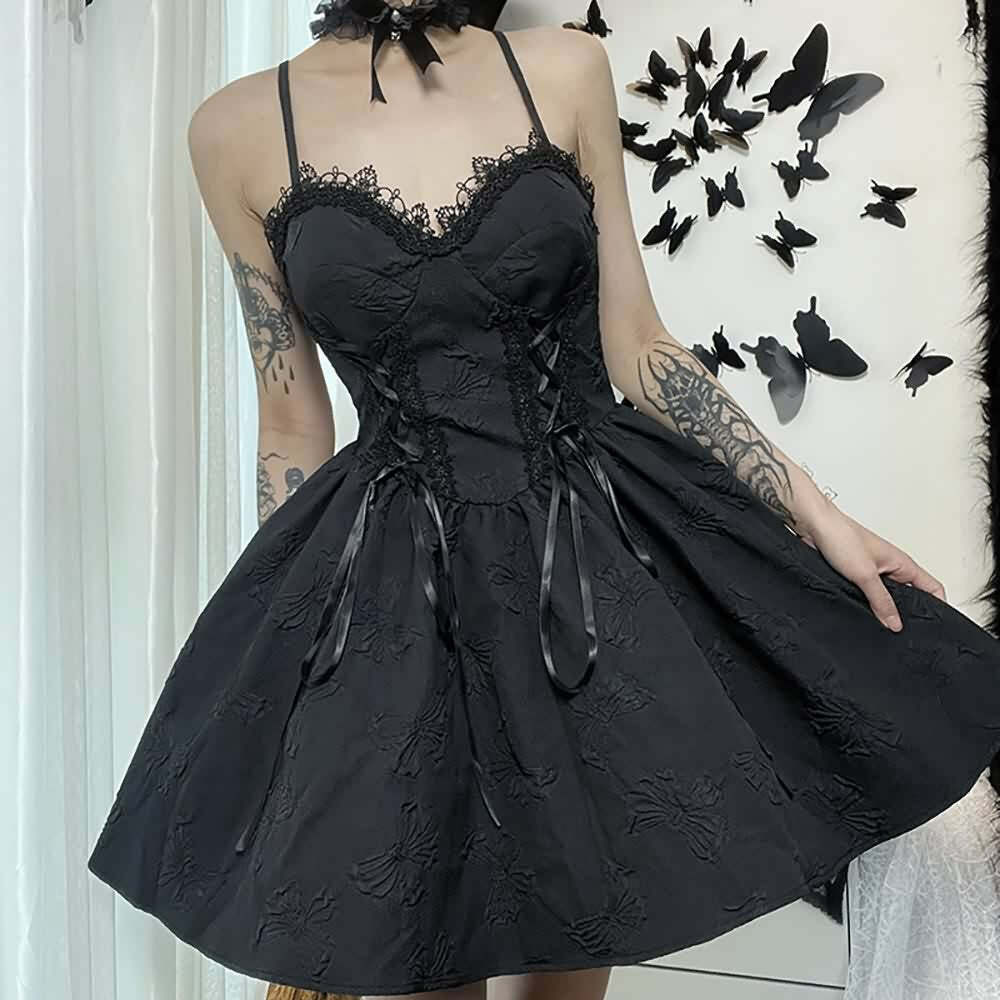 Y2K Gothic Butterfly Lace-Up Dress - Retro 90s Grunge Summer Outfit for Women