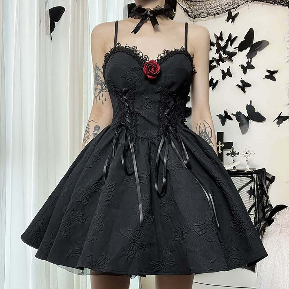 Y2K Gothic Butterfly Lace-Up Dress - Retro 90s Grunge Summer Outfit for Women