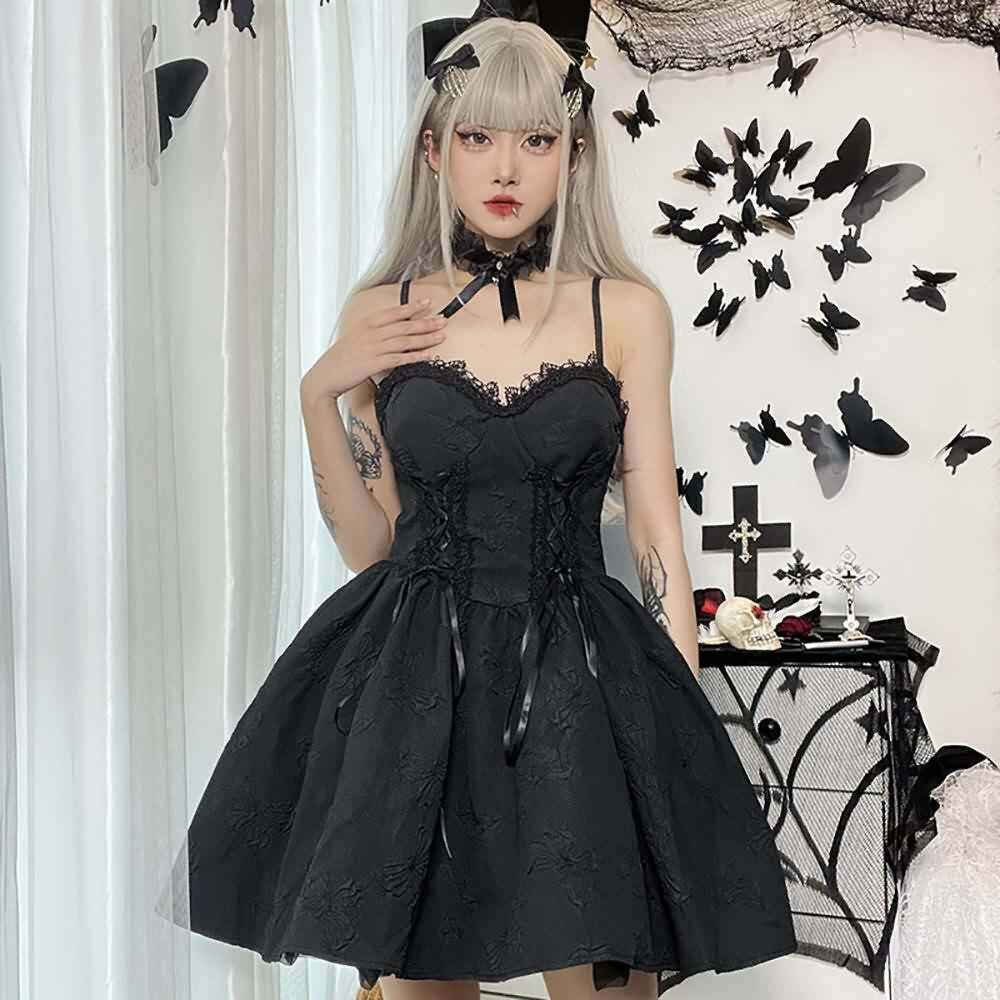 Y2K Gothic Butterfly Lace-Up Dress - Retro 90s Grunge Summer Outfit for Women