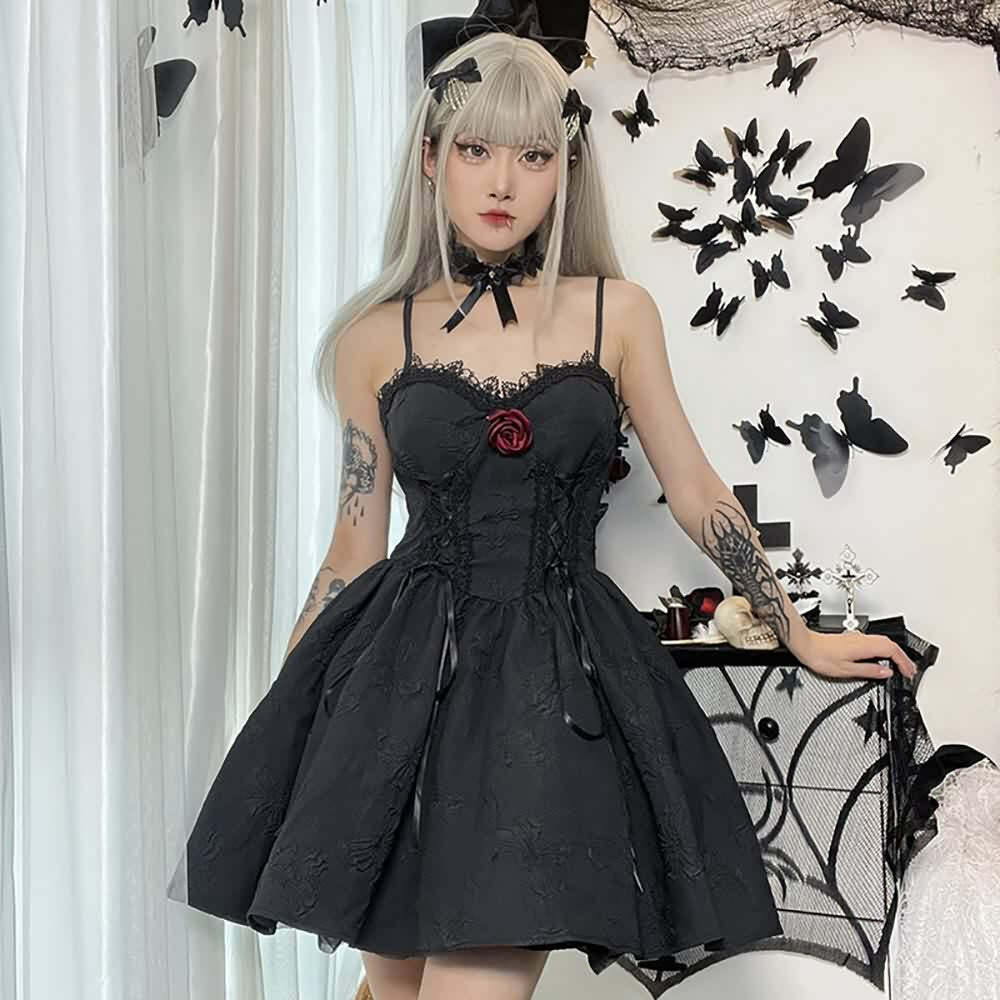 Y2K Gothic Butterfly Lace-Up Dress - Retro 90s Grunge Summer Outfit for Women